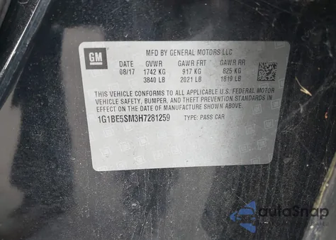 2017 Chevrolet Cruze Lt Auto from USA, damaged, VIN 1G1BE5SM3H7281259